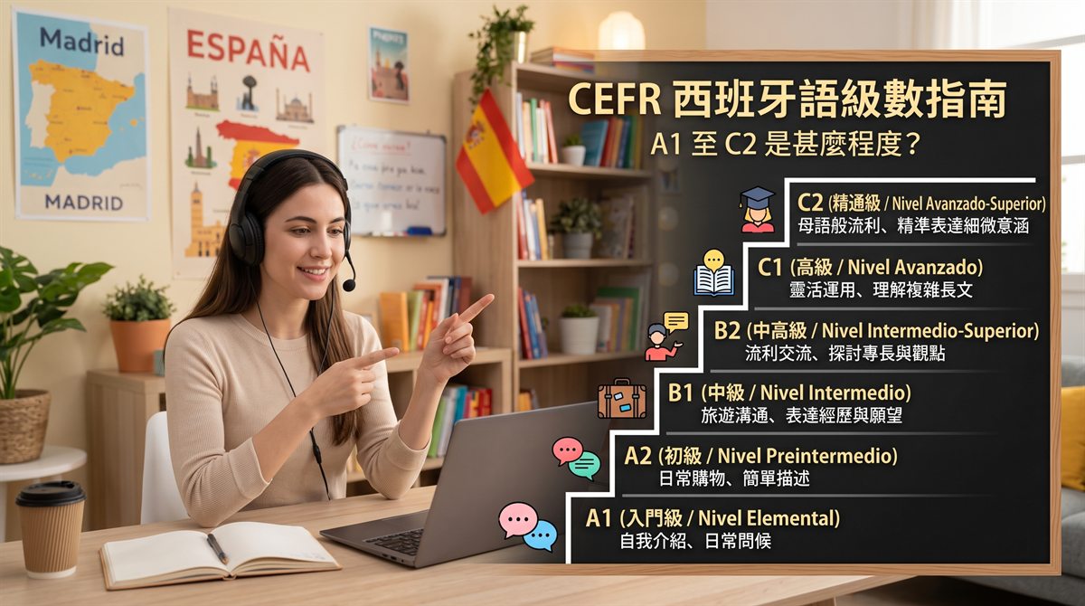CEFR 西班牙語級數圖：A1 入門級至 C2 精通級，每級能做到甚麼