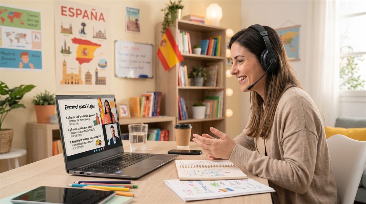 Una alumna en una clase de español online con un profesor nativo