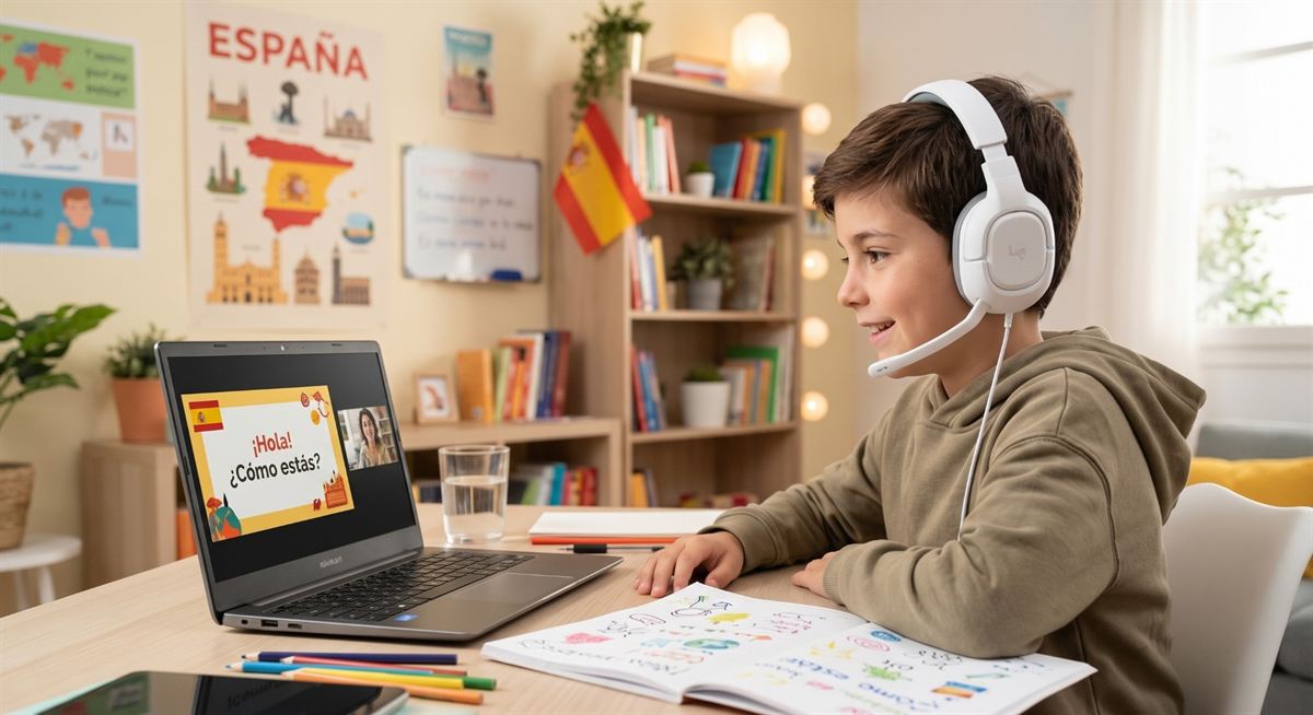Un niño con auriculares en una clase de español online en casa